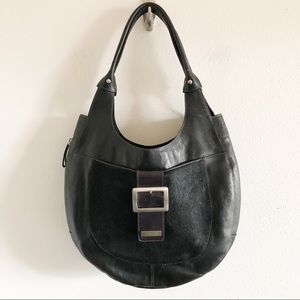 PUNTOTRES black leather and calf hair shoulder bag